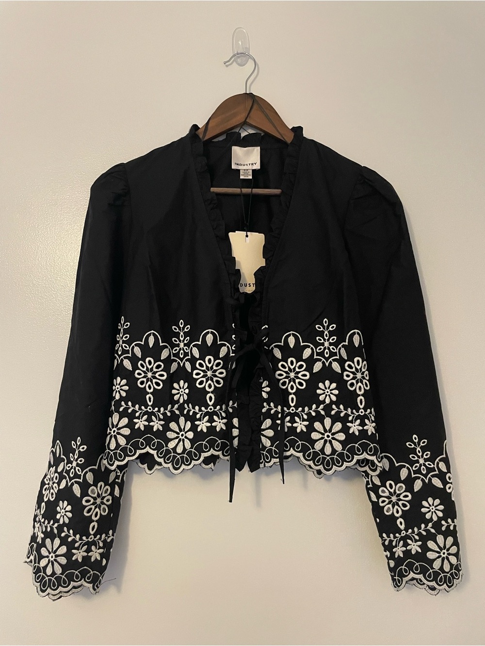 Industry Embroidered Floral Tie Front Capped Long Sleeve Cropped Top